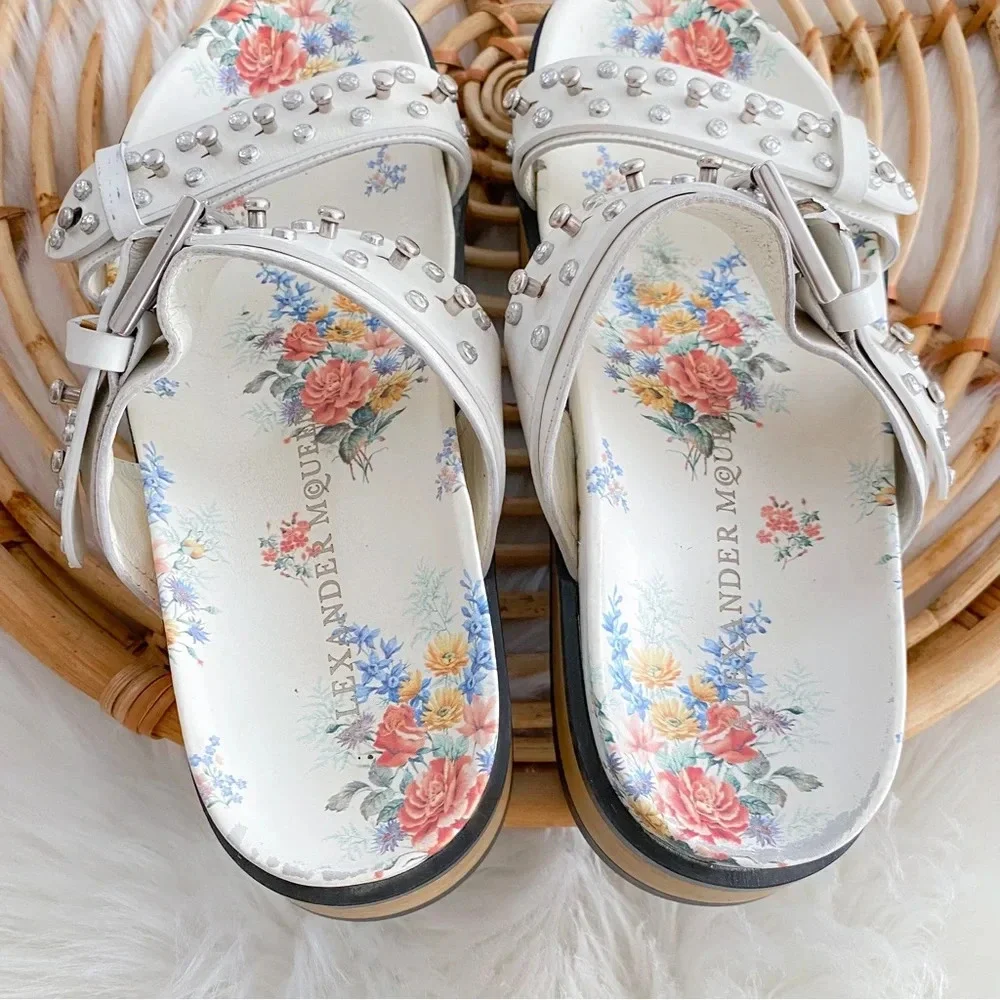 Alexander McQueen Platform Sandals Slides Studded Cream Leather Flower Print